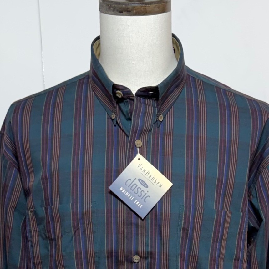 New Van Heusen Shirt Mens Large Green Colorful Classic Wrinkle Free Long Sleeve